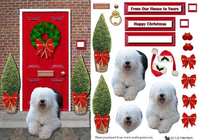 Old English Sheepdog Christmas Door Step Scene