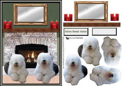 Old English Sheepdogs Fireplace Scene