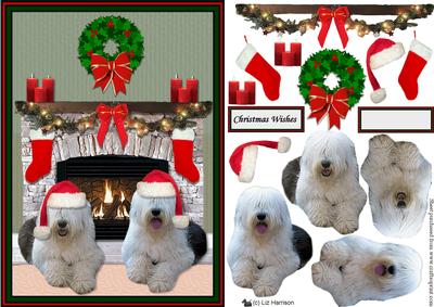 Old English Sheepdogs Christmas Fire Place Scene
