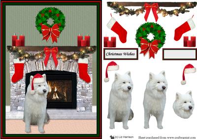 Samoyed Christmas Fire Place Scene