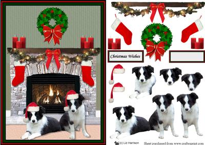 Border Collie Puppies Christmas Fire Place Scene