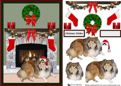 Rough Collie Christmas Fire Place Scene