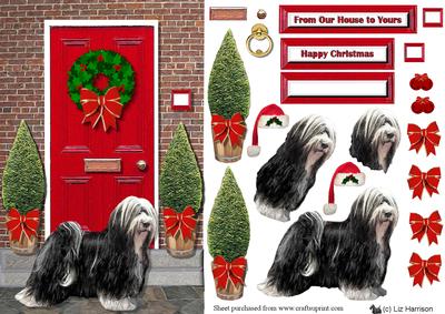 Tibetan Terrier B & W Christmas Door Step Scene