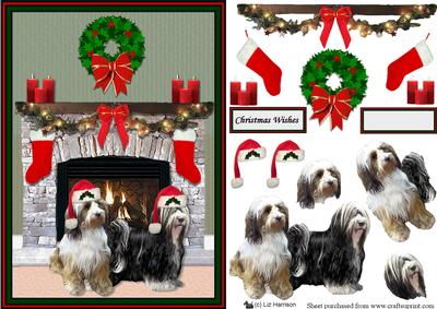Tibetan Terriers Christmas Fire Place Scene