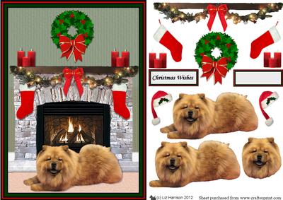 Chow Chow Christmas Fire Place Scene