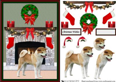 Japanese Akita Inu Christmas Fire Place Scene