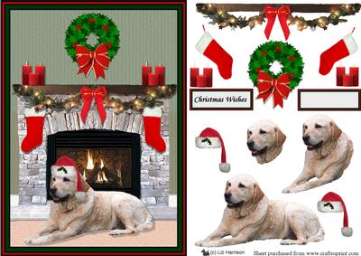 Golden Labrador Christmas Fire Place Scene
