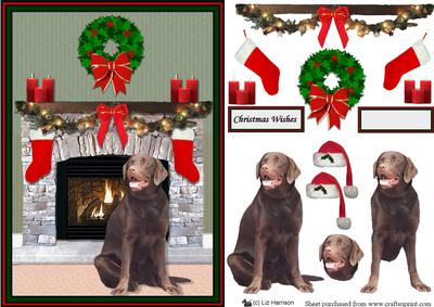Chocolate Labrador Christmas Fire Place Scene