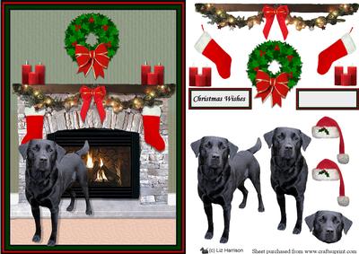 Black Labrador Christmas Fire Place Scene
