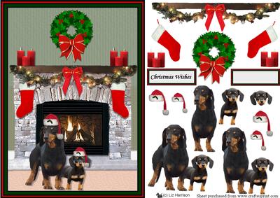 Dachshund Dogs Christmas Fire Place Scene