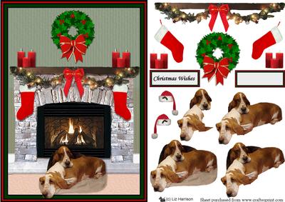 Basset Hound Pair Christmas Fire Place Scene
