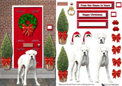 White Boxer Dog Christmas Door Scene