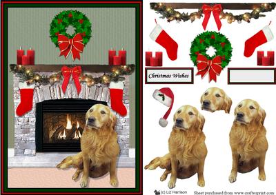 Golden Retriever Christmas Fire Place Scene