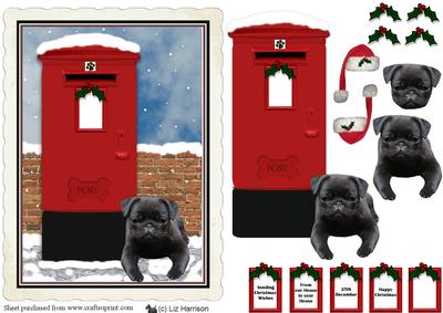 Pug Dog Puppy ,black, Post Box Scene Decoupage