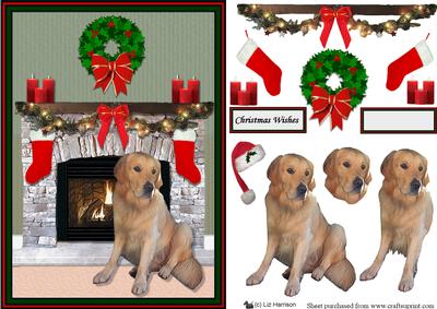Golden Retriever Christmas Fire Place Scene Decoupage