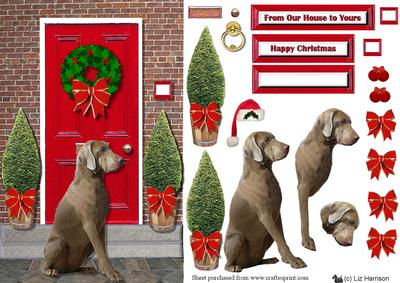 Weimaraner ,sat, Christmas Door Scene