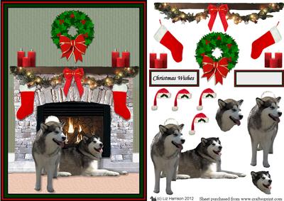 Alaskan Malamute Christmas Fireplace Scene