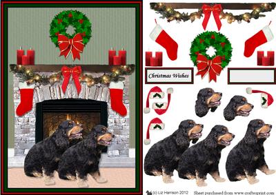 Cocker Spaniel,black & Tan,christmas Fire Place Scene