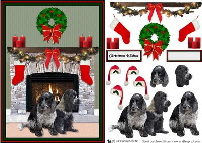 Cocker Spaniel,black & White,christmas Fire Place Scene