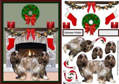 Cocker Spaniel,brown & White,christmas Fire Place Scene