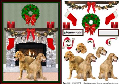 Cocker Spaniel,golden,christmas Fire Place Scene