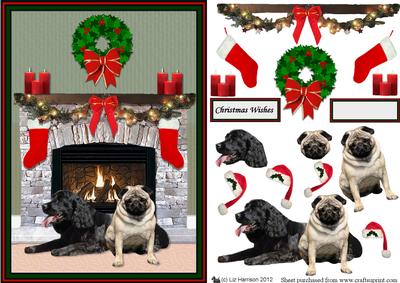 Cocker Spaniel & Pug Christmas Fire Place Scene