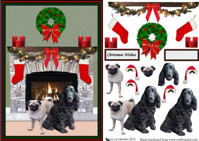Black Cocker Spaniel & Pug Christmas Fireplace Scene