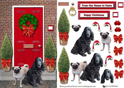 Black Cocker Spaniel & Pug Christmas Door Scene