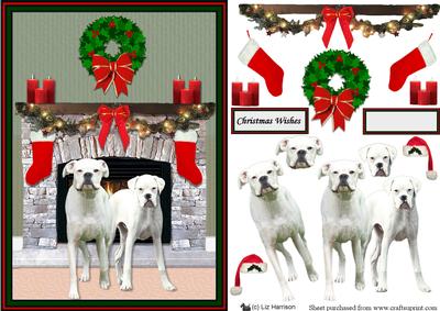 White Boxer Dog Christmas Fire Place Scene