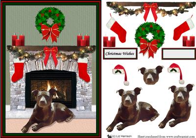 Staffordshire Bull Terrier Christmas Fireplace Scene