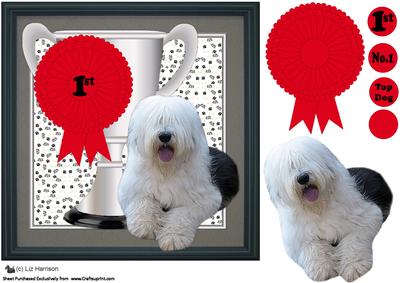 Old English Sheepdog Trophy & Rosette 8x8 Card