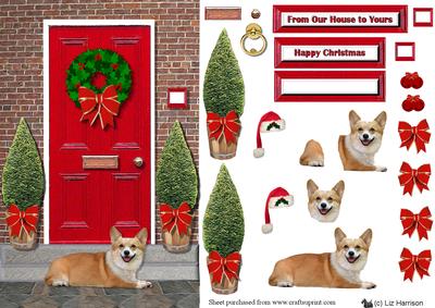 Welsh Corgi ,pembroke,on a Christmas Doorstep