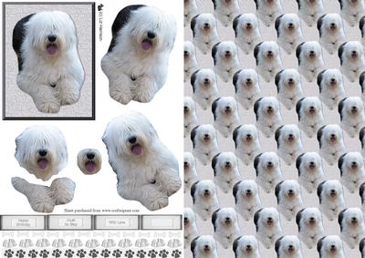 Old English Sheepdog Laid 3D Decoupage with Background