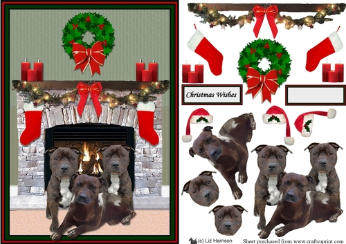 Brindle Staffordshire Bull Terrier Fireplace Scene