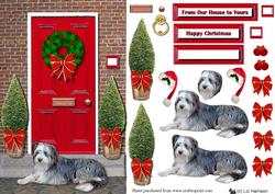 Christmas Door with Bearded Collie
