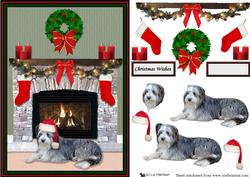 Bearded Collie Christmas Fire Place Scene