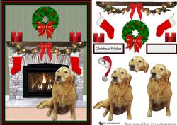 Golden Retriever Christmas Fire Place Scene