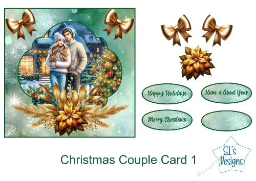  Romantic Christmas Couple in Ornate Frame 3D Card – Elegant Festive Printable with Gold, Green & Blue Accents