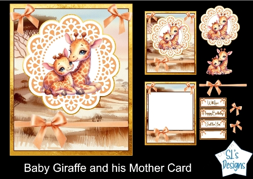 Luxury Vintage Card – Mother and Baby Giraffe – Golden Ribbon, Soft Light, and Timeless Elegance