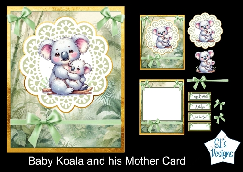 Adorable Watercolor Card – Baby Koala and Mother – Pastel Green and White with Delicate Lace and Soft Light
