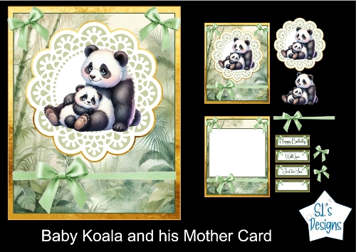Elegant Watercolor Card – Mother and Baby Panda – Lace Details, Floral Pastels, and Golden Accents