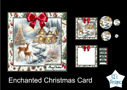 Luxury Enchanted Christmas Card – Peaceful Winter Landscape with Deer, Snowy Trees & Cozy Cottage