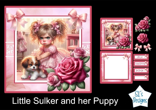Cute Digital Art Card – Girl and Puppy with Roses, Pink & White Palette, Cartoon Style, Romantic and Dreamy Design