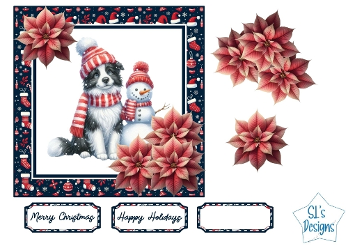 Luxury Christmas Card – Border Collie Beside Snowman with Hat, Scarf, Red Flowers & Festive Stockings