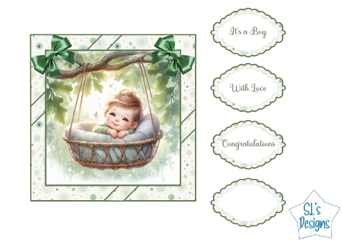 Baby Shower Watercolor Card – Baby in Basket Surrounded by Leaves, Soft Pastels, Dreamy and Tender Illustration