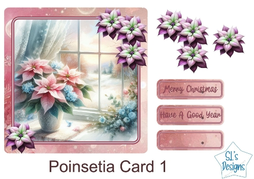 Elegant Poinsettia Christmas Card, Festive Floral Window Scene, Warm Holiday Greeting, Printable Vector Illustration