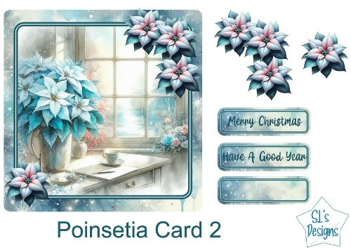 Elegant Poinsettia Christmas Card, Winter Window Scene, Realistic Floral Arrangement, Soft Blue and White Holiday Design