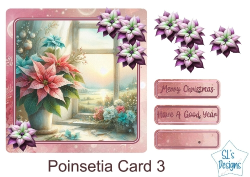 Elegant Poinsettia Christmas Card, Indoor Sunlit Window Scene, Pink Frame Design, Hyperrealistic Holiday Floral Art