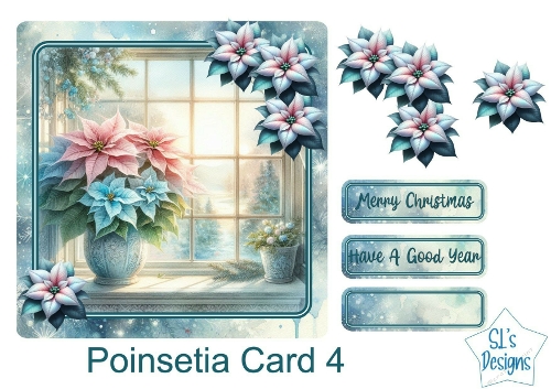 Poinsettia Christmas Card, Festive Flower Vase on White Window Sill, Elegant Bokeh Background, Warm Holiday Greeting