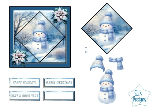 Cute Snowman Christmas Card, Winter Scene with Falling Snow, Blue and White Holiday Illustration, High Resolution